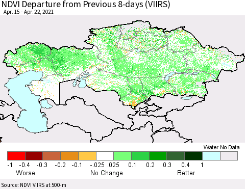 Kazakhstan NDVI Departure from Previous 8-days (VIIRS) Thematic Map For 4/15/2021 - 4/22/2021