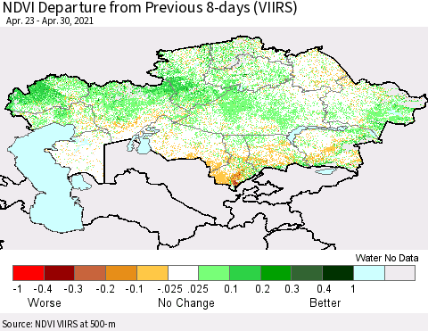 Kazakhstan NDVI Departure from Previous 8-days (VIIRS) Thematic Map For 4/23/2021 - 4/30/2021