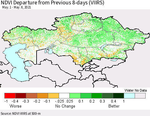 Kazakhstan NDVI Departure from Previous 8-days (VIIRS) Thematic Map For 5/1/2021 - 5/8/2021