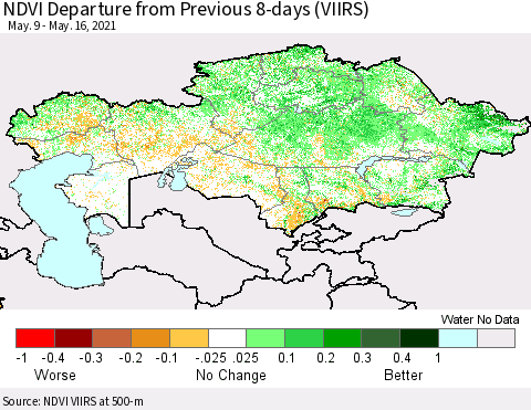 Kazakhstan NDVI Departure from Previous 8-days (VIIRS) Thematic Map For 5/9/2021 - 5/16/2021