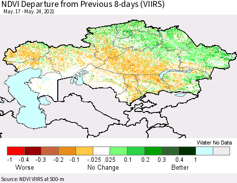 Kazakhstan NDVI Departure from Previous 8-days (VIIRS) Thematic Map For 5/17/2021 - 5/24/2021