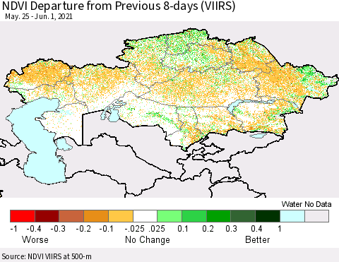 Kazakhstan NDVI Departure from Previous 8-days (VIIRS) Thematic Map For 5/25/2021 - 6/1/2021
