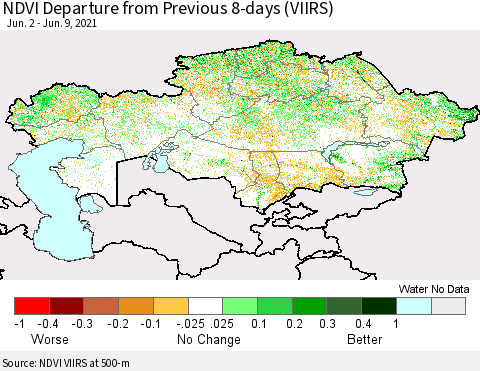 Kazakhstan NDVI Departure from Previous 8-days (VIIRS) Thematic Map For 6/2/2021 - 6/9/2021