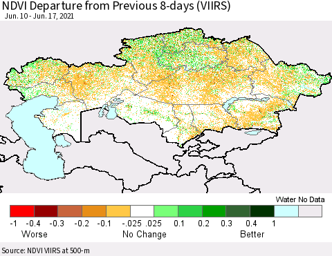 Kazakhstan NDVI Departure from Previous 8-days (VIIRS) Thematic Map For 6/10/2021 - 6/17/2021