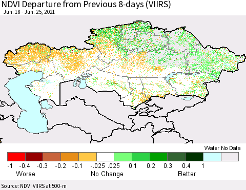 Kazakhstan NDVI Departure from Previous 8-days (VIIRS) Thematic Map For 6/18/2021 - 6/25/2021