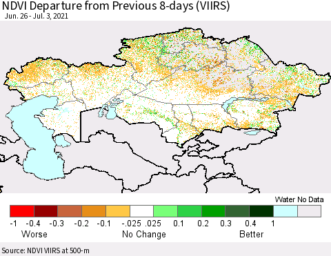 Kazakhstan NDVI Departure from Previous 8-days (VIIRS) Thematic Map For 6/26/2021 - 7/3/2021