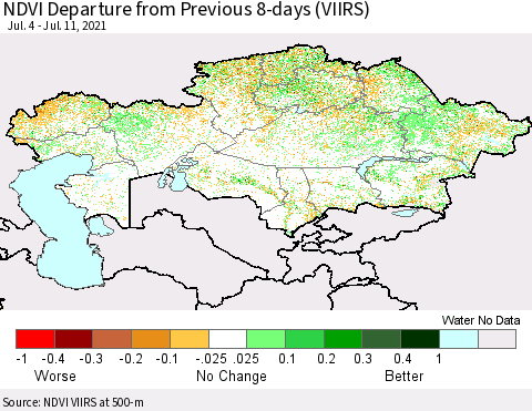 Kazakhstan NDVI Departure from Previous 8-days (VIIRS) Thematic Map For 7/4/2021 - 7/11/2021