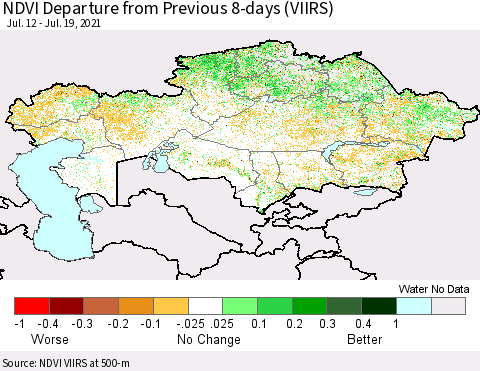 Kazakhstan NDVI Departure from Previous 8-days (VIIRS) Thematic Map For 7/12/2021 - 7/19/2021
