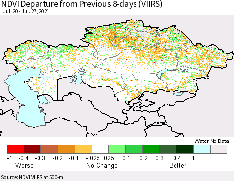 Kazakhstan NDVI Departure from Previous 8-days (VIIRS) Thematic Map For 7/20/2021 - 7/27/2021