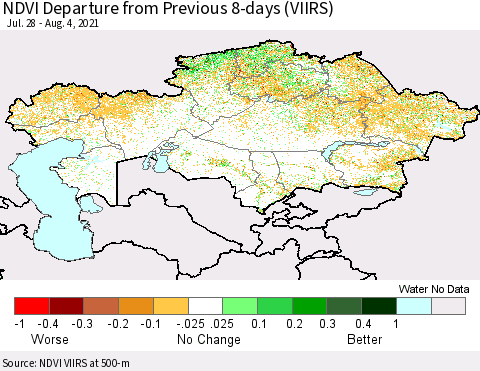 Kazakhstan NDVI Departure from Previous 8-days (VIIRS) Thematic Map For 7/28/2021 - 8/4/2021