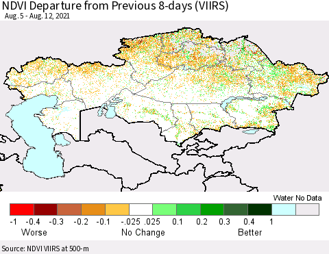 Kazakhstan NDVI Departure from Previous 8-days (VIIRS) Thematic Map For 8/5/2021 - 8/12/2021