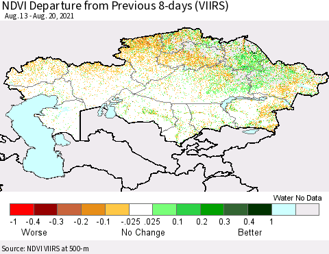Kazakhstan NDVI Departure from Previous 8-days (VIIRS) Thematic Map For 8/13/2021 - 8/20/2021