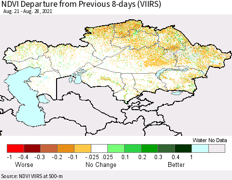 Kazakhstan NDVI Departure from Previous 8-days (VIIRS) Thematic Map For 8/21/2021 - 8/28/2021