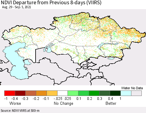Kazakhstan NDVI Departure from Previous 8-days (VIIRS) Thematic Map For 8/29/2021 - 9/5/2021