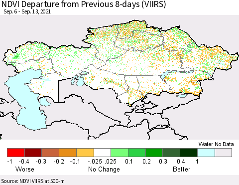 Kazakhstan NDVI Departure from Previous 8-days (VIIRS) Thematic Map For 9/6/2021 - 9/13/2021