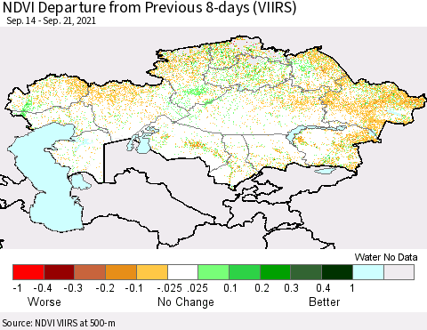Kazakhstan NDVI Departure from Previous 8-days (VIIRS) Thematic Map For 9/14/2021 - 9/21/2021