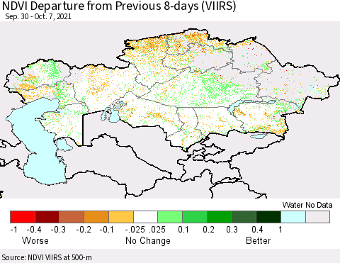 Kazakhstan NDVI Departure from Previous 8-days (VIIRS) Thematic Map For 9/30/2021 - 10/7/2021
