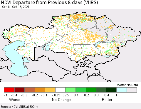 Kazakhstan NDVI Departure from Previous 8-days (VIIRS) Thematic Map For 10/8/2021 - 10/15/2021