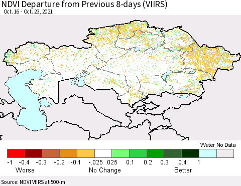 Kazakhstan NDVI Departure from Previous 8-days (VIIRS) Thematic Map For 10/16/2021 - 10/23/2021