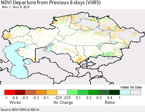 Kazakhstan NDVI Departure from Previous 8-days (VIIRS) Thematic Map For 11/1/2021 - 11/8/2021