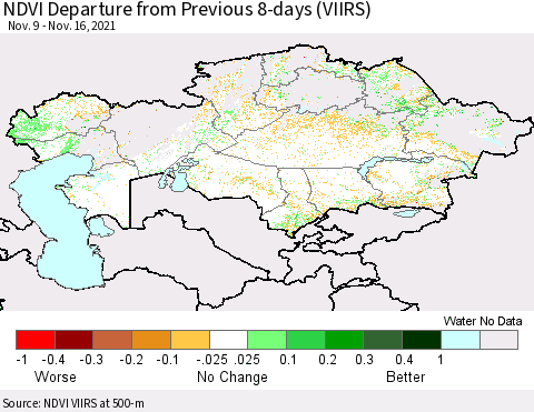 Kazakhstan NDVI Departure from Previous 8-days (VIIRS) Thematic Map For 11/9/2021 - 11/16/2021