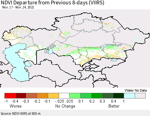 Kazakhstan NDVI Departure from Previous 8-days (VIIRS) Thematic Map For 11/17/2021 - 11/24/2021