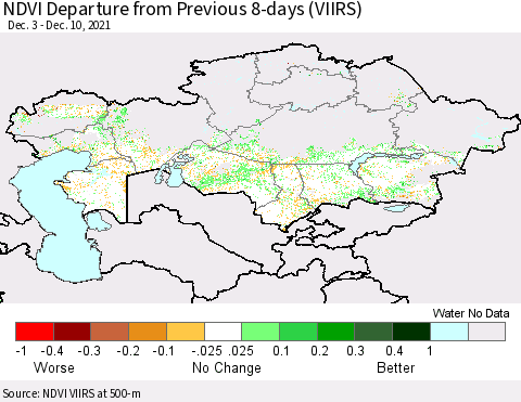 Kazakhstan NDVI Departure from Previous 8-days (VIIRS) Thematic Map For 12/3/2021 - 12/10/2021