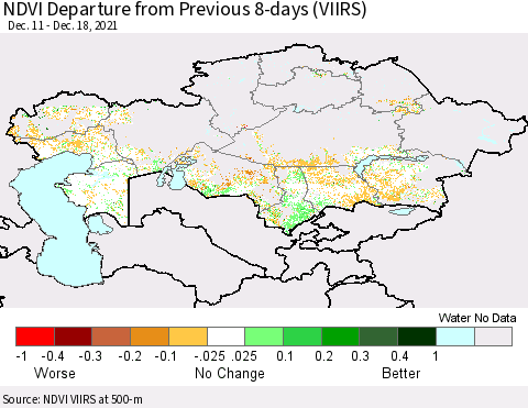 Kazakhstan NDVI Departure from Previous 8-days (VIIRS) Thematic Map For 12/11/2021 - 12/18/2021