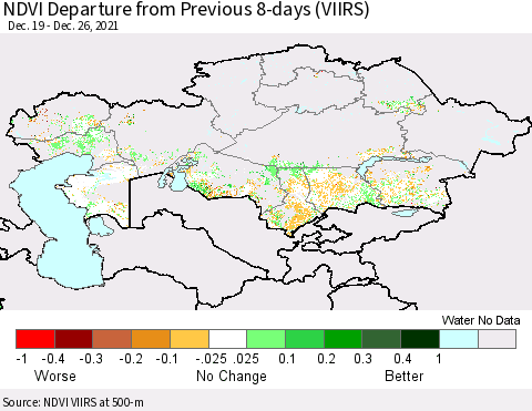 Kazakhstan NDVI Departure from Previous 8-days (VIIRS) Thematic Map For 12/19/2021 - 12/26/2021