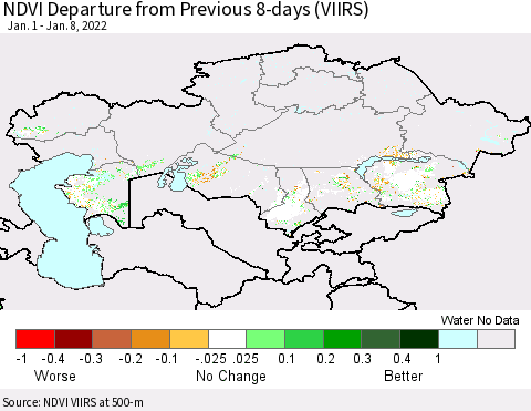 Kazakhstan NDVI Departure from Previous 8-days (VIIRS) Thematic Map For 1/1/2022 - 1/8/2022