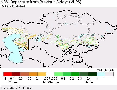 Kazakhstan NDVI Departure from Previous 8-days (VIIRS) Thematic Map For 1/9/2022 - 1/16/2022