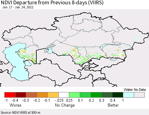 Kazakhstan NDVI Departure from Previous 8-days (VIIRS) Thematic Map For 1/17/2022 - 1/24/2022