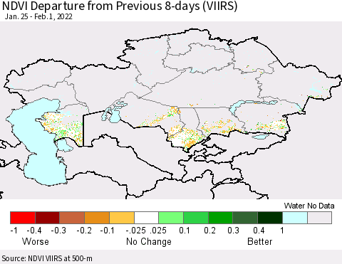 Kazakhstan NDVI Departure from Previous 8-days (VIIRS) Thematic Map For 1/25/2022 - 2/1/2022