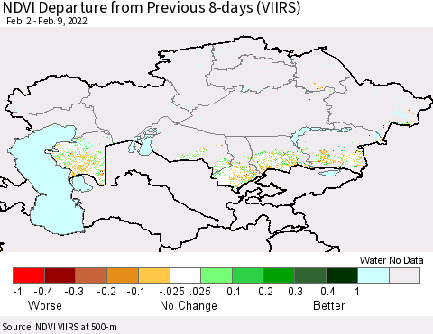 Kazakhstan NDVI Departure from Previous 8-days (VIIRS) Thematic Map For 2/2/2022 - 2/9/2022