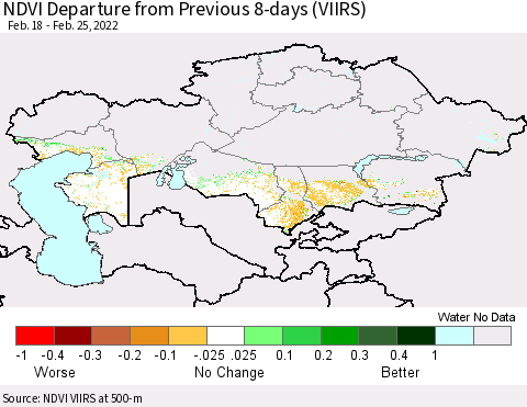 Kazakhstan NDVI Departure from Previous 8-days (VIIRS) Thematic Map For 2/18/2022 - 2/25/2022
