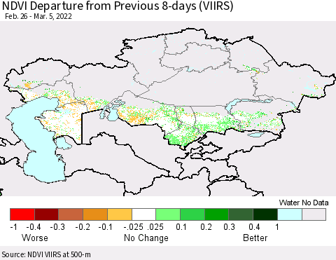 Kazakhstan NDVI Departure from Previous 8-days (VIIRS) Thematic Map For 2/26/2022 - 3/5/2022