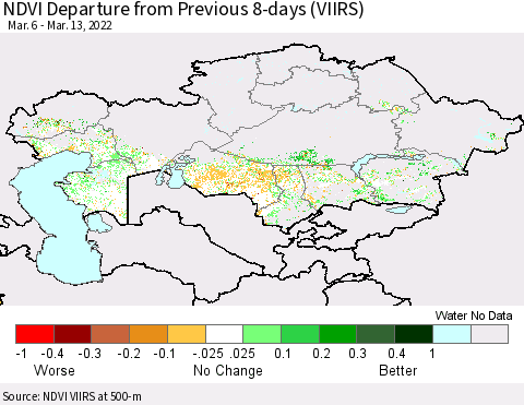 Kazakhstan NDVI Departure from Previous 8-days (VIIRS) Thematic Map For 3/6/2022 - 3/13/2022