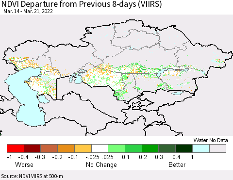 Kazakhstan NDVI Departure from Previous 8-days (VIIRS) Thematic Map For 3/14/2022 - 3/21/2022