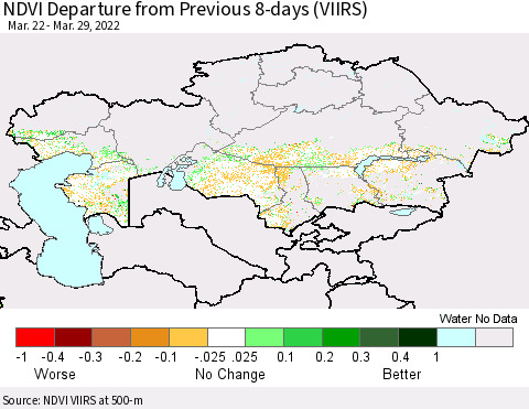 Kazakhstan NDVI Departure from Previous 8-days (VIIRS) Thematic Map For 3/22/2022 - 3/29/2022