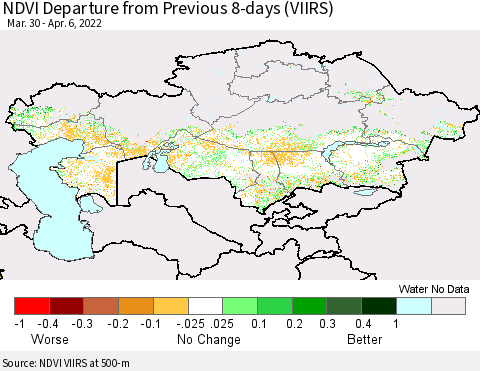 Kazakhstan NDVI Departure from Previous 8-days (VIIRS) Thematic Map For 3/30/2022 - 4/6/2022
