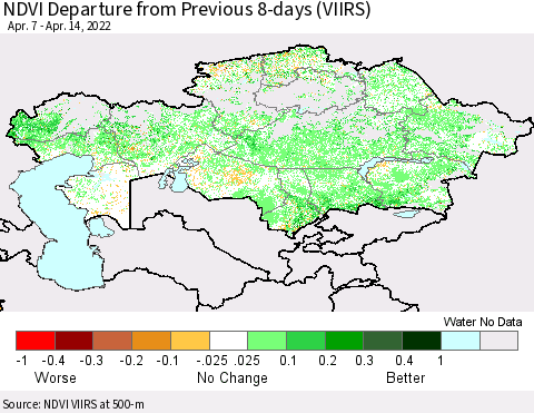 Kazakhstan NDVI Departure from Previous 8-days (VIIRS) Thematic Map For 4/7/2022 - 4/14/2022