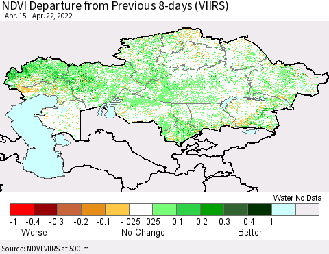 Kazakhstan NDVI Departure from Previous 8-days (VIIRS) Thematic Map For 4/15/2022 - 4/22/2022