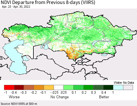 Kazakhstan NDVI Departure from Previous 8-days (VIIRS) Thematic Map For 4/23/2022 - 4/30/2022