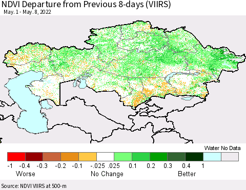 Kazakhstan NDVI Departure from Previous 8-days (VIIRS) Thematic Map For 5/1/2022 - 5/8/2022