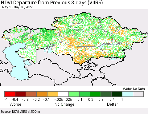 Kazakhstan NDVI Departure from Previous 8-days (VIIRS) Thematic Map For 5/9/2022 - 5/16/2022