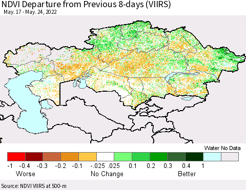 Kazakhstan NDVI Departure from Previous 8-days (VIIRS) Thematic Map For 5/17/2022 - 5/24/2022