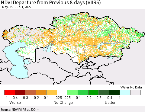Kazakhstan NDVI Departure from Previous 8-days (VIIRS) Thematic Map For 5/25/2022 - 6/1/2022