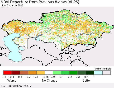 Kazakhstan NDVI Departure from Previous 8-days (VIIRS) Thematic Map For 6/2/2022 - 6/9/2022