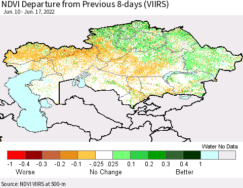 Kazakhstan NDVI Departure from Previous 8-days (VIIRS) Thematic Map For 6/10/2022 - 6/17/2022