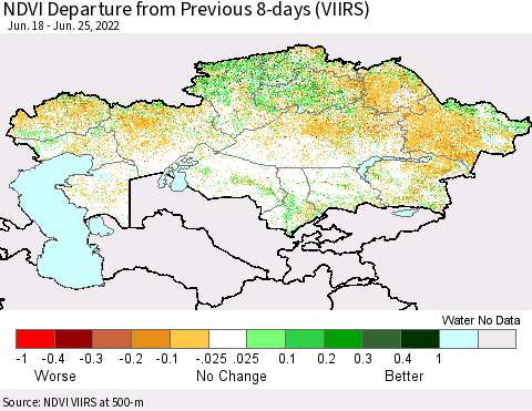 Kazakhstan NDVI Departure from Previous 8-days (VIIRS) Thematic Map For 6/18/2022 - 6/25/2022